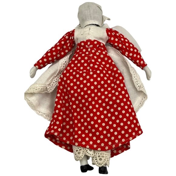 Porcelain Victorian Girl Doll Embroidered Red White Polka Dotted Dress Bonnet - Picture 7 of 15